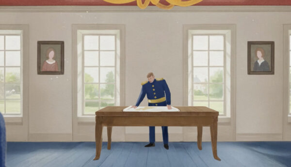 Still uit de geschiedenisvideo 200 jaar Zuid-Willemsvaart die een tekening van koning Willem I toont.